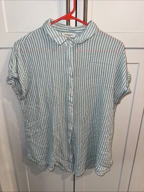 beachlunchlounge Green and White Striped Button-Down Shirt
